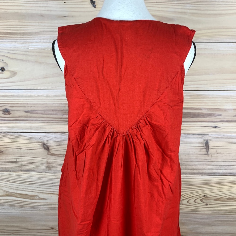 La Cera Midi Dress Women M Red Floral Embroidered Cotton Sleeveless Pocket - Picture 5 of 10